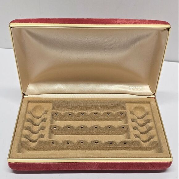 VINTAGE MELE JEWELRY TRAVEL BOX Organizer Cranberry Velour With Gold Accent - Picture 1 of 8